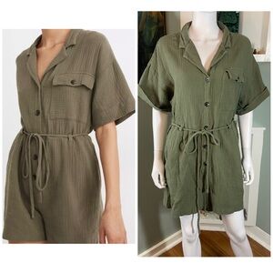 Madewell Lightspun Belted Safari Romper Jumpsuit Shorts Large L Crinkle Green